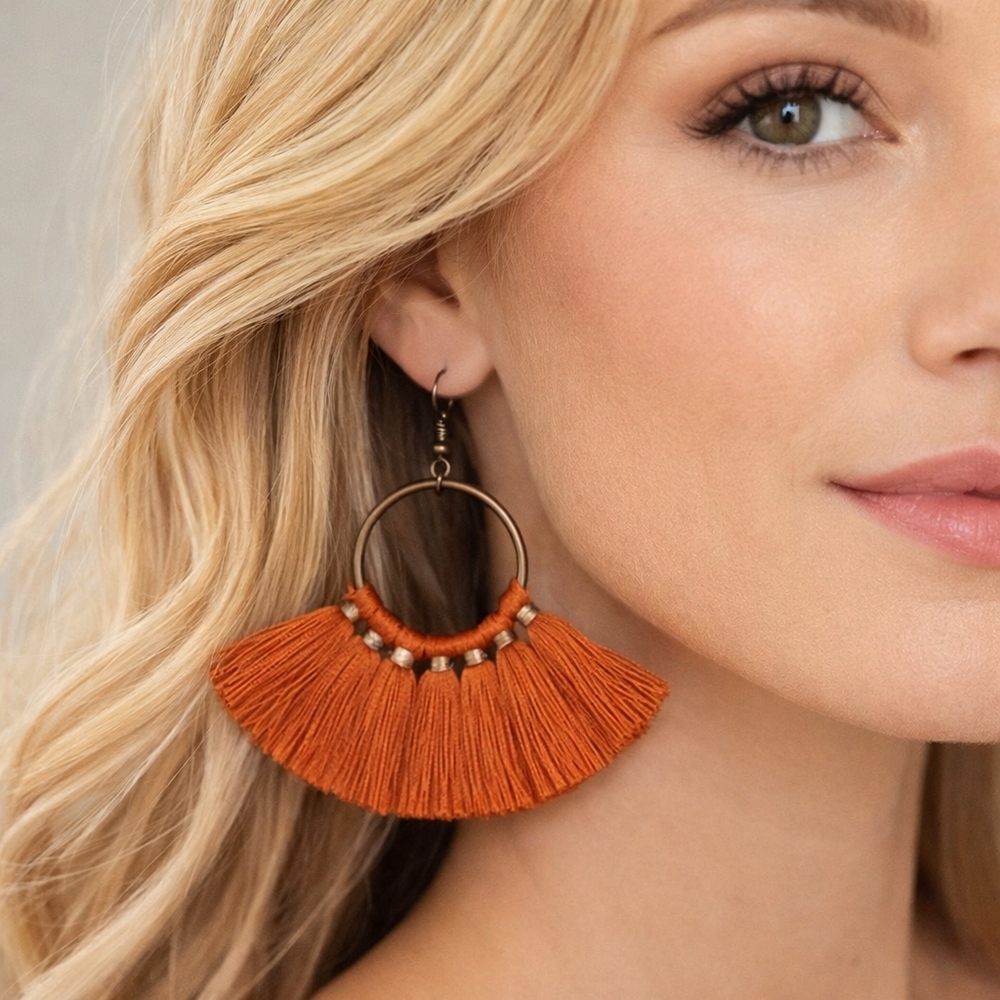 Fan Tassel Brick Red Earrings
